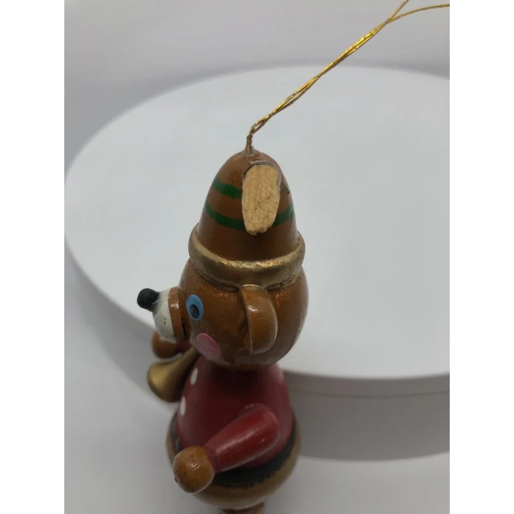 Vintage Christmas Wooden Teddy Bear Toy Ornament With‎ Horn Musical 4.25